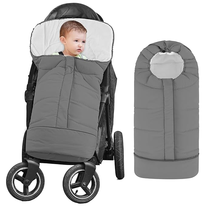 Yoofoss Stroller Cover for Winter, Toddler Stroller Footmuff Universal for Most Stroller, Water Resistant Warm Coral Baby Stroller Bunting Sleeping Bag Light Grey-BubblyBeeBaby