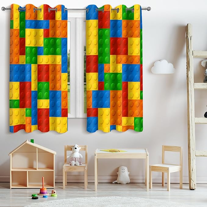 Jekeno Colorful Building Blocks Blackout Curtains - Kids Boys Girls Teens Abstract Geometric Toy Curtains Toddlers Bedroom Playroom Blue Red Yellow Decor Grommet Window Drapes 2 Panel Set, 42"x54"-BubblyBeeBaby