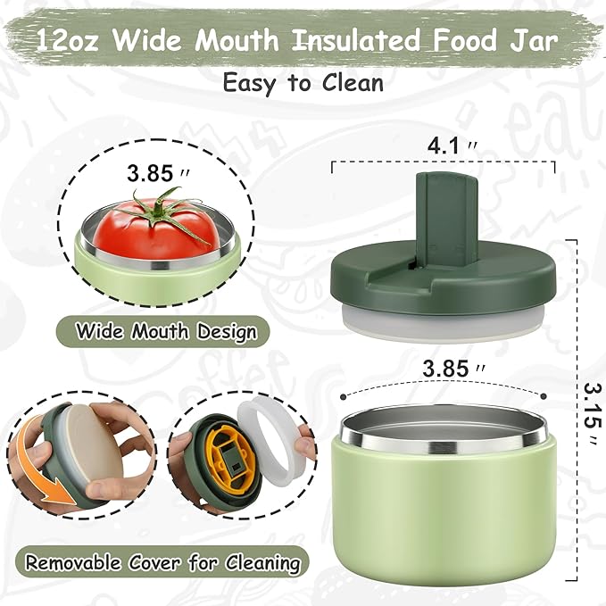 12oz Insulated Vacuum Food Jar with Buckle Lid Wide Mouth Soup Thermo for Hot Food Kids Leakproof Stainless Steel Lunch Container- Green- 1Pack-BubblyBeeBaby