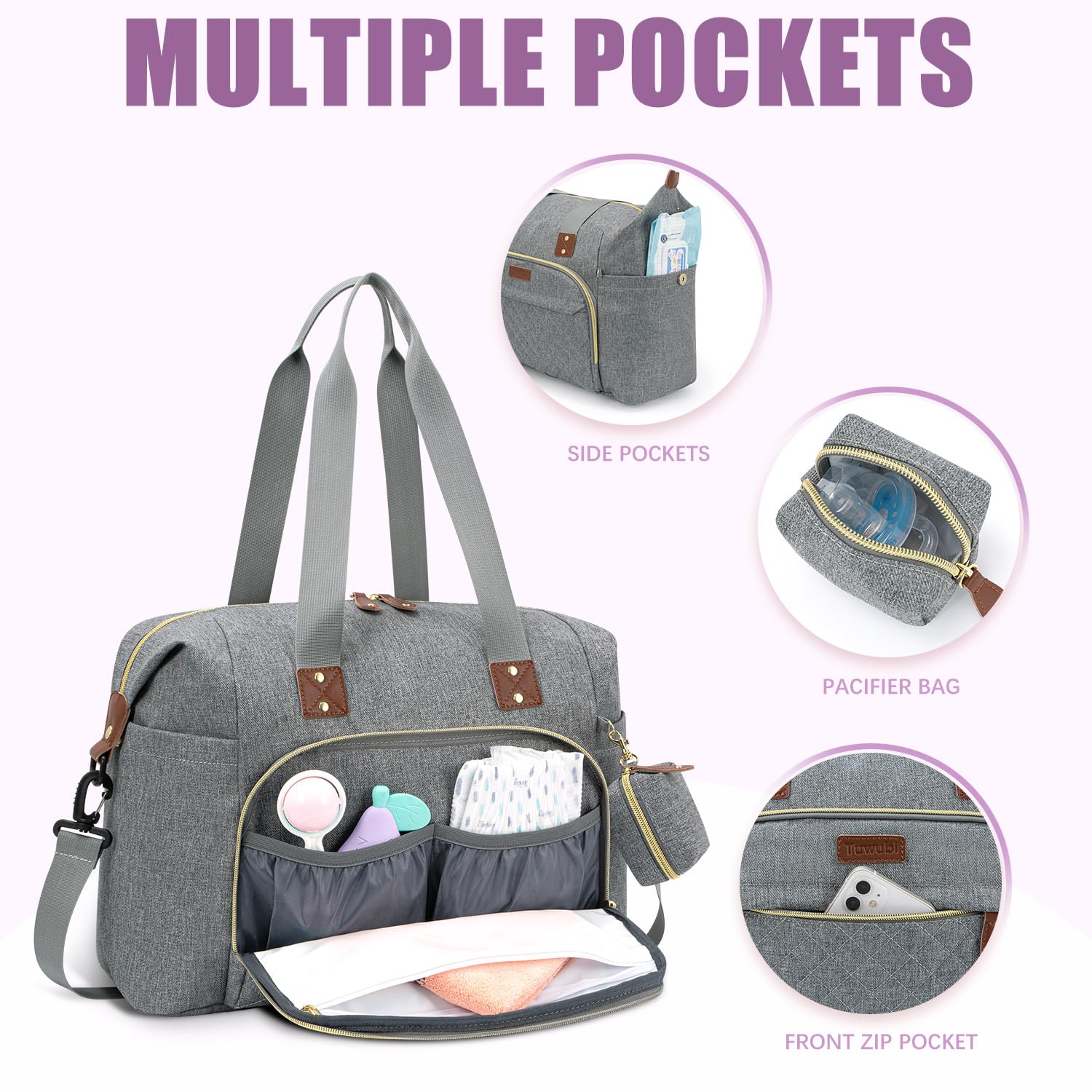 Tuwubi Diaper Bag Tote,Baby Diaper Bag with Pacifier Case Large Travel Diaper Tote Caddy for Mom and Dad Multifunction Large Baby Bag - Light Grey