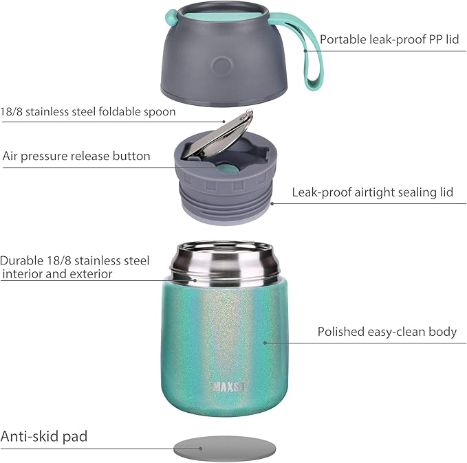 Insulated Food Jar for Hot & Cold Food for Kids Adult,17 oz Soup Thermo Hot Food Containers for Lunch, Triple Layer Insulation Stainless Steel Food Jar with Spoon (GPeacock)-BubblyBeeBaby