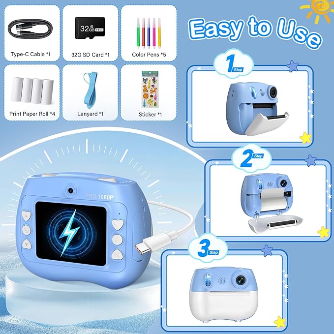 Instant Print Camera for Kids - Front Rear Dual Selfie Kid Print Camera, Fun Birthday Gift for Boys Ages 3-12, HD Digital Video Cameras, Easy to Use for Toddler - Blue-BubblyBeeBaby