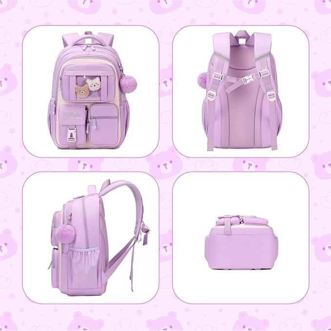 Kids Backpack for Girls School Bags for Middle School Students Book Bag for Elementary Primary Kawaii Ita Backpack, Purple and Beige-BubblyBeeBaby
