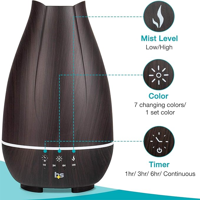 HealthSmart Essential Oil Diffuser, Cool Mist Humidifier and Aromatherapy Diffuser with 500ML Tank Ideal for Large Rooms, Adjustable Timer, Mist Mode and 7 LED Light Colors, Brown (Pack of 2)-BubblyBeeBaby