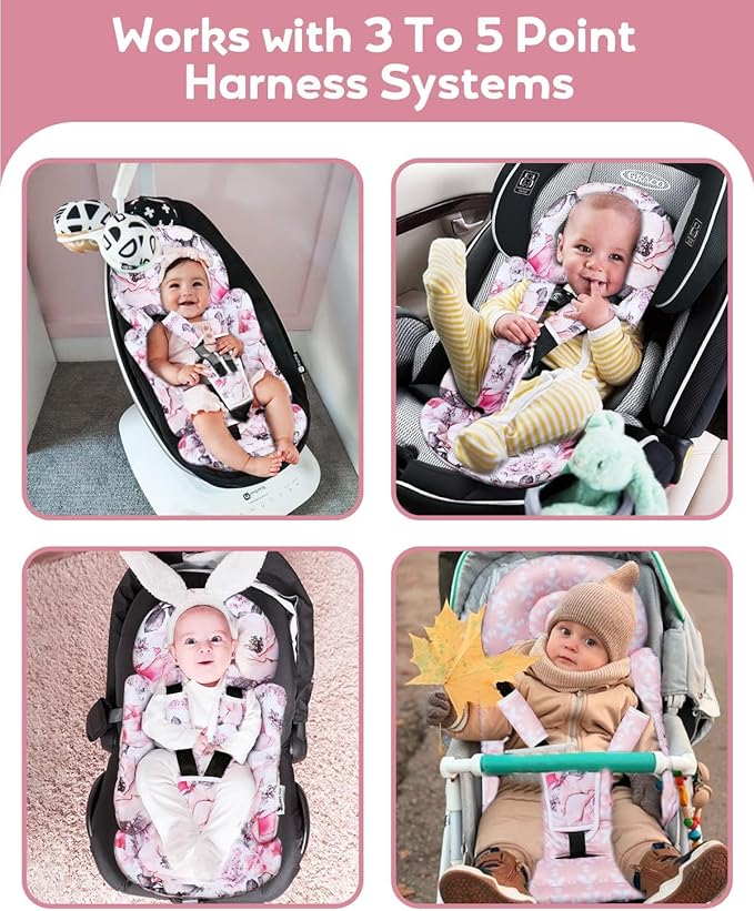 Infant Car Seat Insert, Enlarged Head Support for Baby Carseat, Reversible Newborn Insert with 3 Strap Covers, 2-in-1 Baby Car Seat Cushion for Stroller, Swing, Bouncer, Rocker - Pink Floral-BubblyBeeBaby