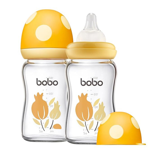 YOHKOH Natural Glass Baby Bottle with Natural Response Nipple, Newborn Anti-Colic Baby Bottles, Wide Neck Mushroom Cap Baby Bottle, Clear (Yellow, (5.4oz (Pack of 2))-BubblyBeeBaby