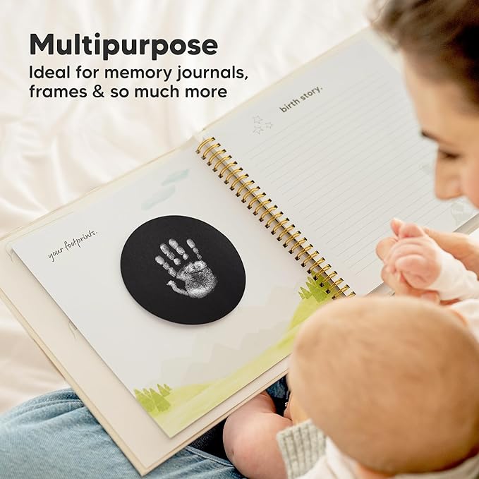 2-Pack Round Inkless Baby Hand and Footprint Kit - Mess Free Ink Pad for Newborn Keepsake, Dog Nose & Paw Print Kit, Clean Touch Ink Pad for Baby Hand & Footprints, Ideal New Mom Gifts (Silver)-BubblyBeeBaby