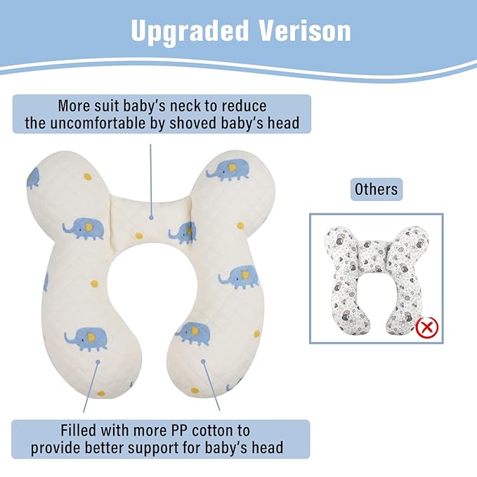 vocheer Baby Neck Pillow(Upgraded),Cotton, Baby Support Pillow, Car Seat Pillows for Newborn, Carseat Head and Body Support, Infant Travel Pillows for Prams, Pushchair, Stroller, Bouncer, Elephant-BubblyBeeBaby