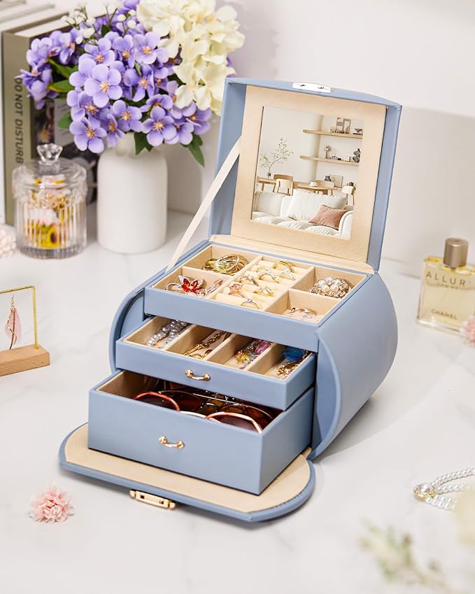 Homde Girls Jewelry Box Jewelry Storage Case Organizer Faux Leather with Mirror for Rings, Earrings, Bracelets, Necklaces (Grey Blue)-BubblyBeeBaby