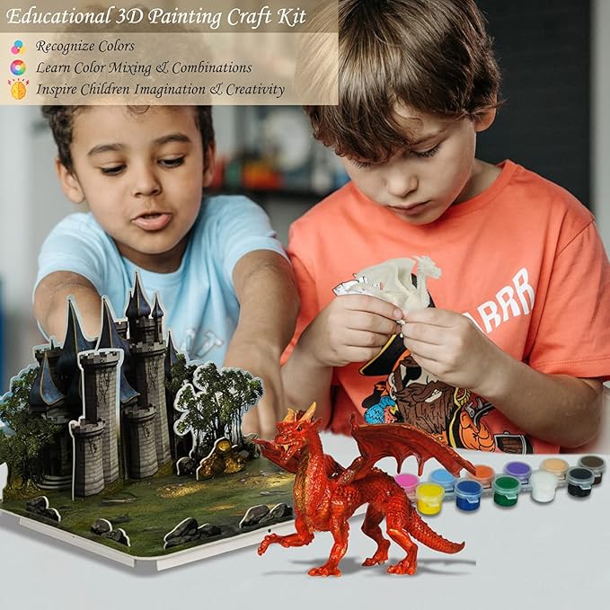 Kids Arts Crafts Set - Dragon Toys Painting Kit with 3 Dragons Figurines and 3D Jigsaw Puzzle Castle, Best Tween Paint Gift to Create Own Powerful Dragon-BubblyBeeBaby