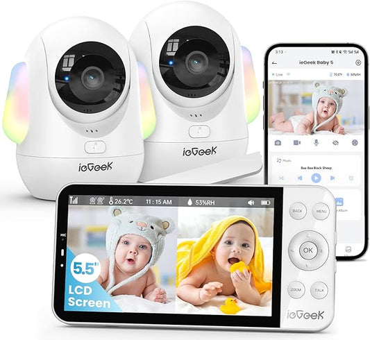 ieGeek 5.5’’ Split-Screen Baby Monitor,2.5K UHD Baby Monitor with 2 Cameras and Audio,Night Light,Prone Sleeping&Cry Detection,Two-Way Talk,Night Vision,2.4G&5Ghz WiFi App Control,4000mAh Battery-BubblyBeeBaby