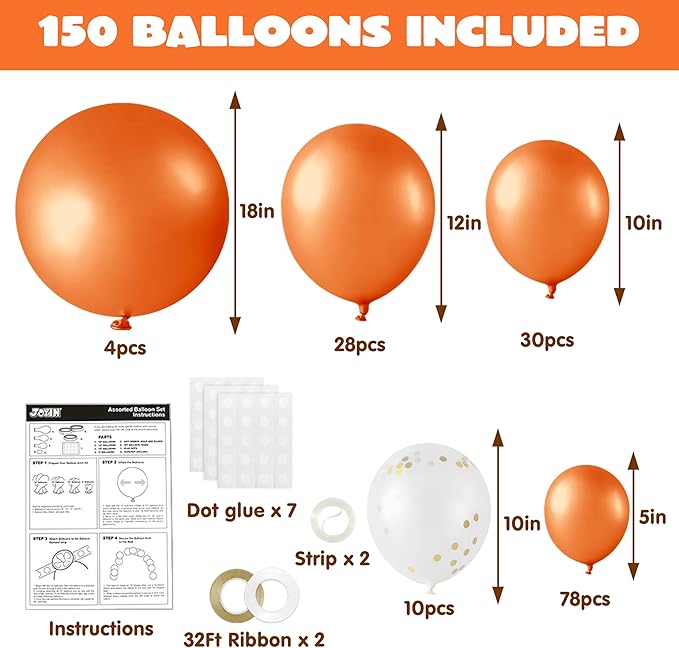 JOYIN 150 Pcs Orange Balloons, Different Sizes 18 12 10 5 Inch Orange Latex Balloon Arch Kit with Instruction for Birthday Party Graduation Wedding Holiday Decoration-BubblyBeeBaby