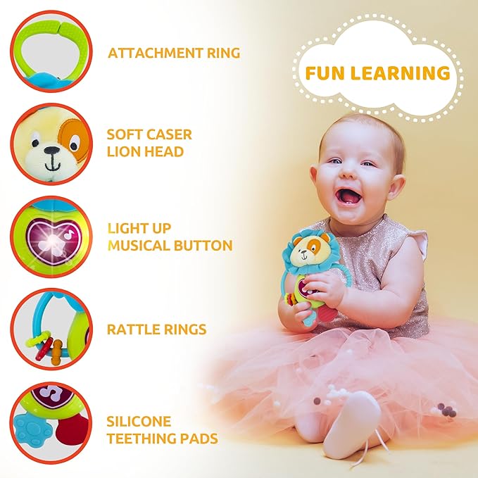 KiddoLab Musical Caesar Teething Toy for 3 Months and Up - Baby Teether, Rattle & Musical Toy with Lights & Fun Sound Effects - Baby Hanging Toy Easily Fits to Crib, Stroller and Car Seats-BubblyBeeBaby