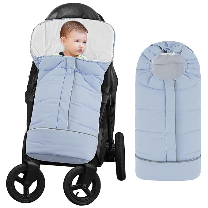 Yoofoss Stroller Cover for Winter, Toddler Stroller Footmuff Universal for Most Stroller, Water Resistant Warm Coral Baby Stroller Bunting Sleeping Bag Blue-BubblyBeeBaby