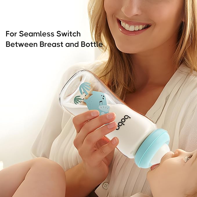 YOHKOH Natural Glass Baby Bottle with Natural Response Nipple, Newborn Anti-Colic Baby Bottles, Wide Neck Mushroom Cap Baby Bottle, Clear (8.8ounce (Pack of 2), Blue2)-BubblyBeeBaby