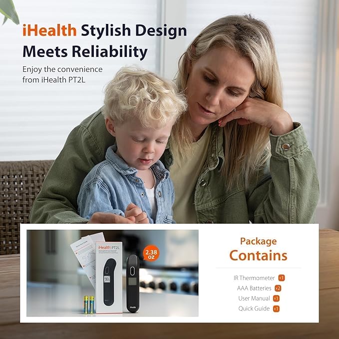 iHealth Touchless Thermometer for Adults and Kids, FSA/HSA Eligible, Color-Coded Alert & Silent Mode, 1-Second Accurate Fever Check, Portable for Home, Travel Use - PT2L Black-BubblyBeeBaby