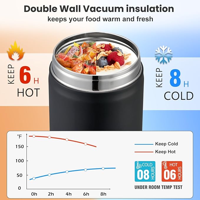 17oz Soup Thermo for Hot Food Kids,Insulated Food Jar with Spoon,Thermo Hot Food Lunch Container,Wide Mouth Leakproof Stainless Steel Lunch Box for School-Black-BubblyBeeBaby