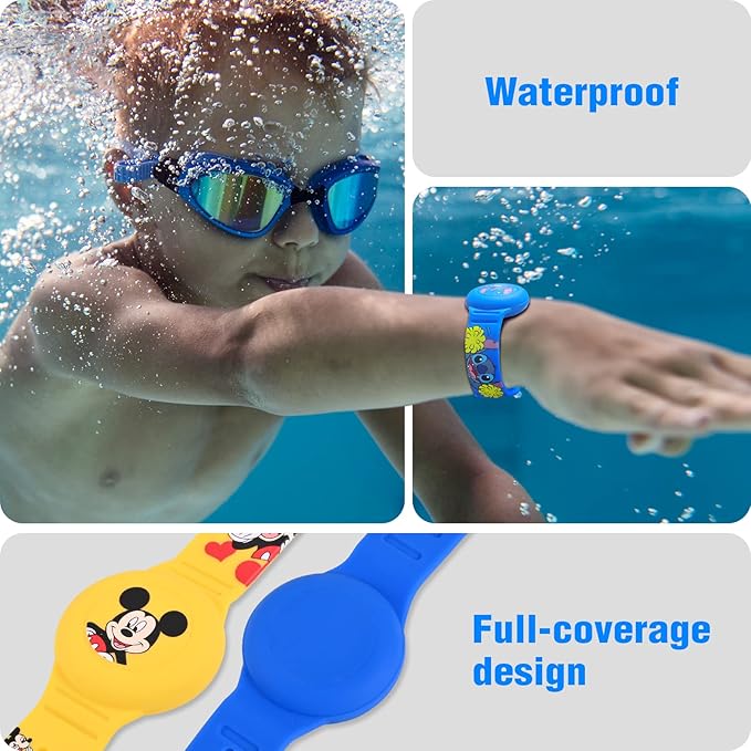 2 Pack AirTag Bracelet for Kids, Waterproof Cute Cartoon Air tag Holder for Kids with Watch Band Design, Full Coverage Silicone Airtag Hidden Accessories for Child, Healthy Material Blue + Yellow-BubblyBeeBaby