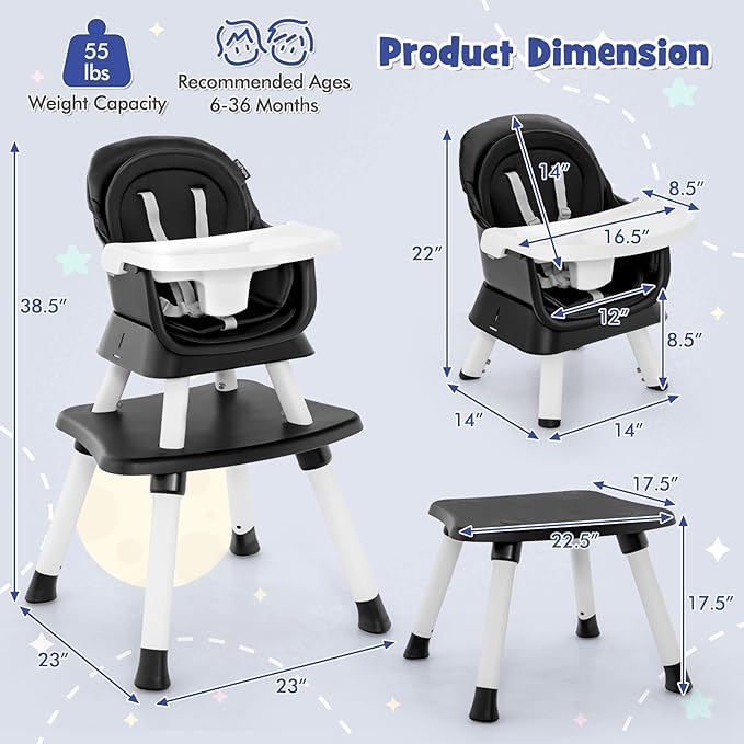 HONEY JOY 8 in 1 Baby High Chair, Convertible Highchair for Babies and Toddlers/Table and Chair Set/Building Block Table/Booster Seat/Stool/Toddler Chair with Safety Harness (Black)-BubblyBeeBaby