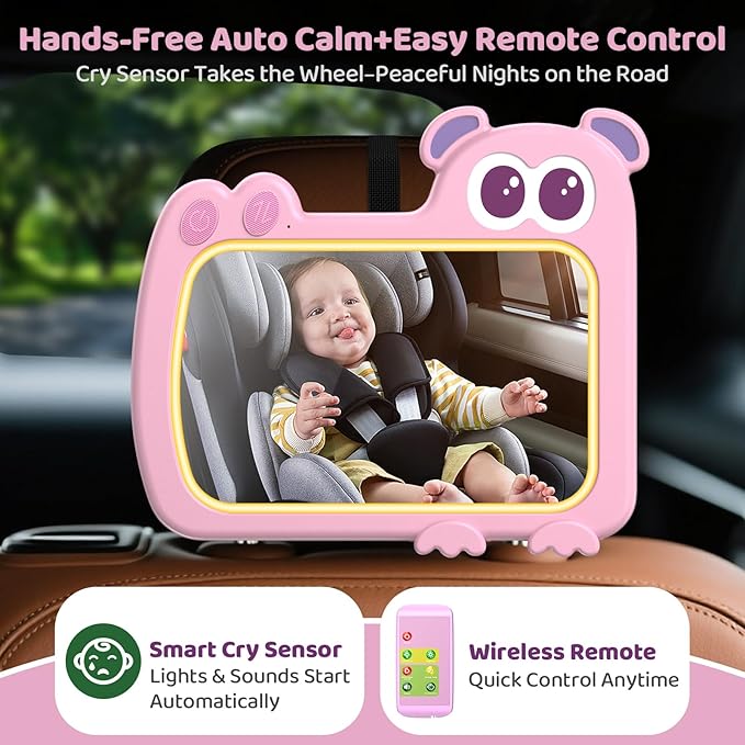 2-in-1 Baby Car Mirror with Lights & Soft Sounds, Cry Detector, Clear Night View, 360° Rotation, Shatterproof, Rear Facing Baby Car Seat Mirror with Remote Control, Perfect Baby Shower Gifts (Pink)-BubblyBeeBaby