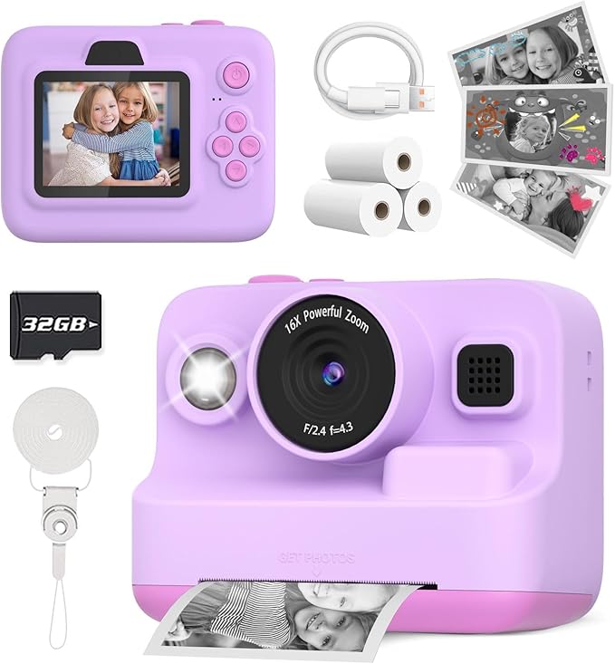 Instant Print Camera for Kids, Christmas Birthday Gifts for 3-12 Year Old Girls Boys, 2.4in Screen 1080P Video Digital Camera Toys for Kids Age 4 5 6 7 8 9 10 with 3 Rolls Print Paper 32G Card-BubblyBeeBaby