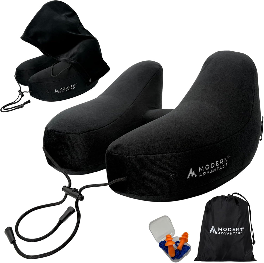 Modern Advantage Inflatable Travel Pillow for Airplanes – Hooded Neck Pillow with Adjustable Support – Comfortable, Compact & Travel-Friendly – Perfect for Sleeping on Long Flights (Black)