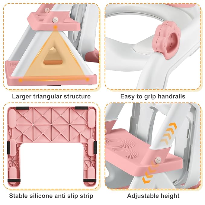 2 In 1 Potty Training Toilet Seat & Toddler Step Stool, Bottom Triangle Stability Toddler Toilet Seat, Adjustable Step & Seat Height Potty Seats (Pink)-BubblyBeeBaby