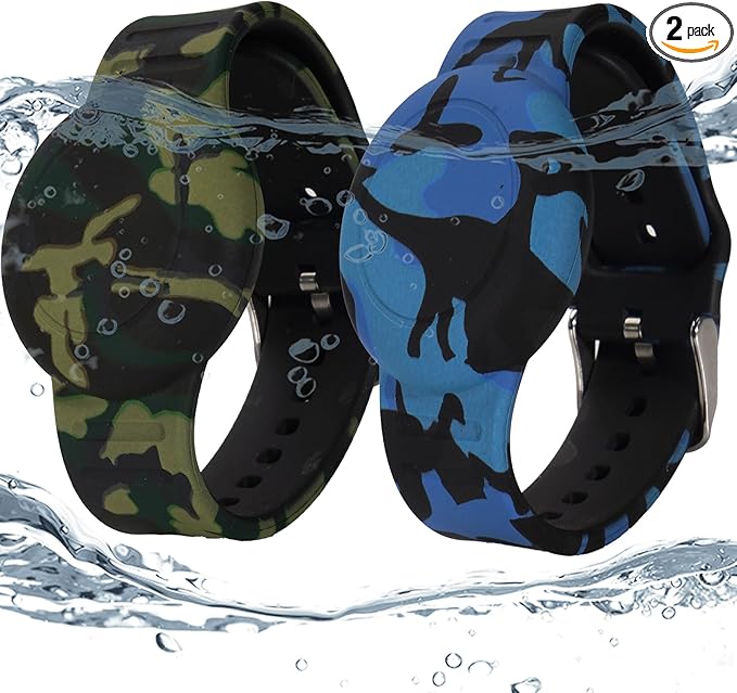 2 Pack Waterproof Bracelet for AirTag Kids, Hidden Printed Wristband for Apple Air Tag, Silicone Holder for AirTag GPS Tracker Case for Band for Child Toddler, Secure Anti-Lost Protection(Camouflage)-BubblyBeeBaby