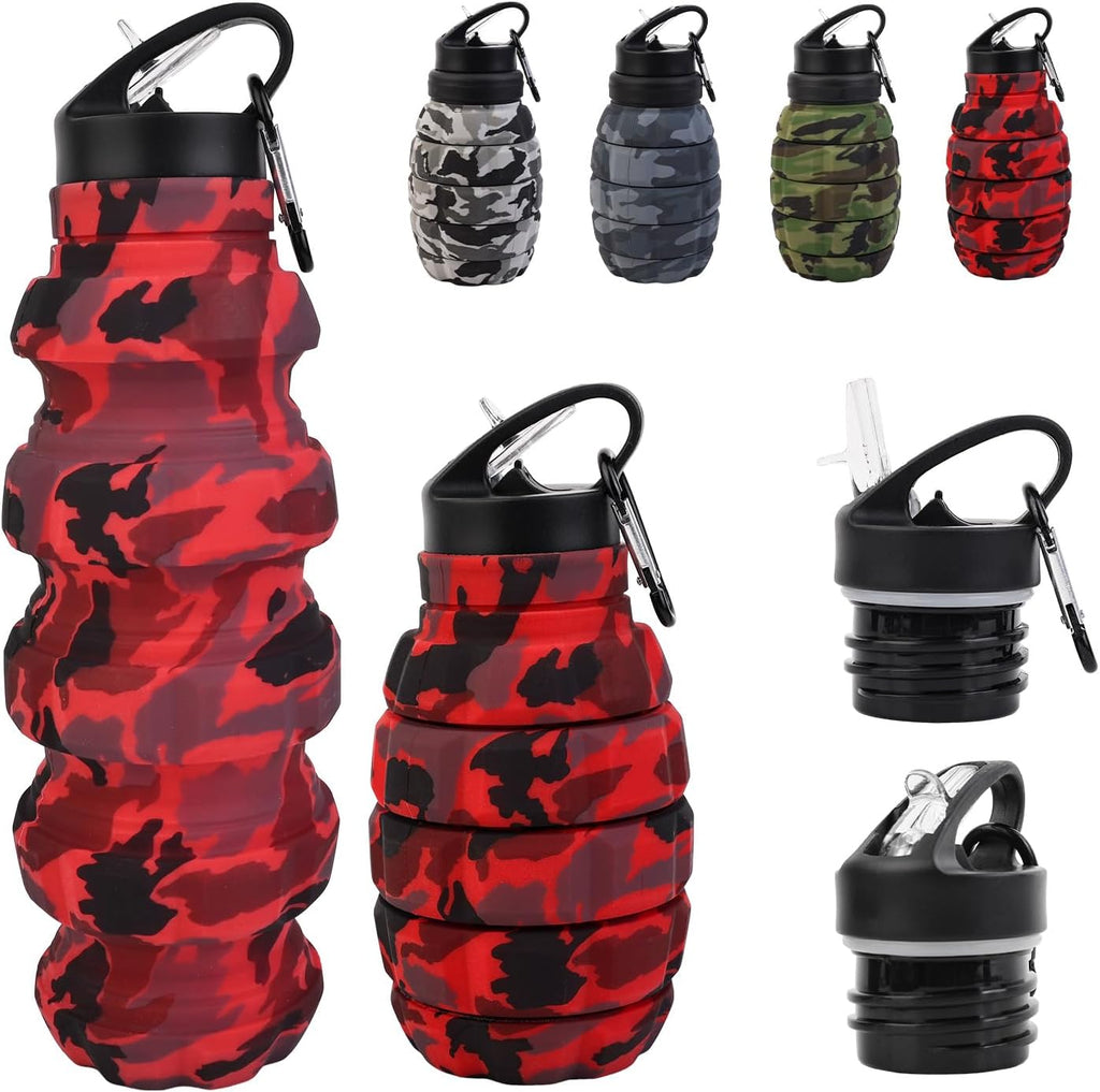 Collapsible Travel Water Bottle, Reuseable Silicone Foldable Water Bottles for Gym Camping Hiking, Portable Leak Proof Sports Water Army camouflage Bottle with rugby grenade Carabiner (Red)