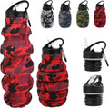 Collapsible Travel Water Bottle, Reuseable Silicone Foldable Water Bottles for Gym Camping Hiking, Portable Leak Proof Sports Water Army camouflage Bottle with rugby grenade Carabiner (Red)