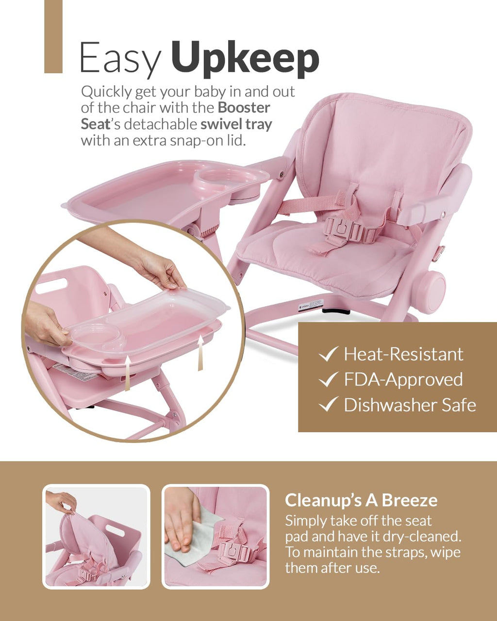 Feed Me 3-in-1 Travel High Chair Booster Seat for Infants and Toddlers - Transitional, Compact & Fits Any Chair, Swivel Tray, Rose Tea