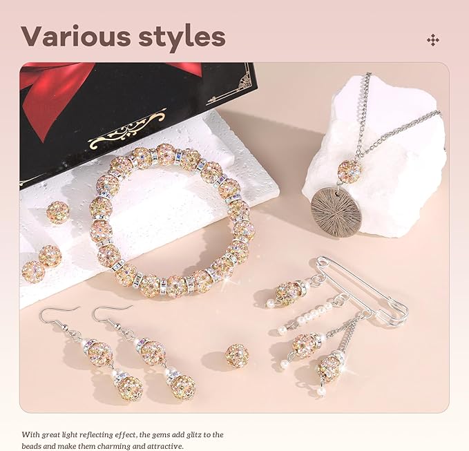 200pcs 10mm Rhinestone Beads for Jewelry Making, Light Peach AB Shiny Round Disco Beads Bulk, Sparkle Crystal Clay Christmas for Bracelet Baseball Necklace Earring Crafting and DIY-BubblyBeeBaby