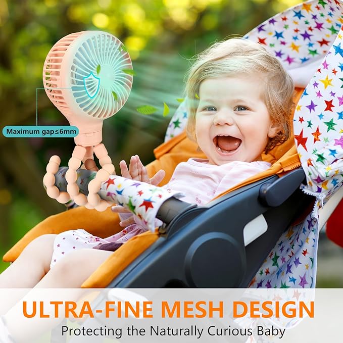 snawowo Mini Portable Baby stroller Fan, Auto Oscillating Battery Operated Personal Small Handheld Fan with Flexible Tripod, Rechargeable Clip On for Car Seat Crib Treadmill Travel Camping Pink-BubblyBeeBaby