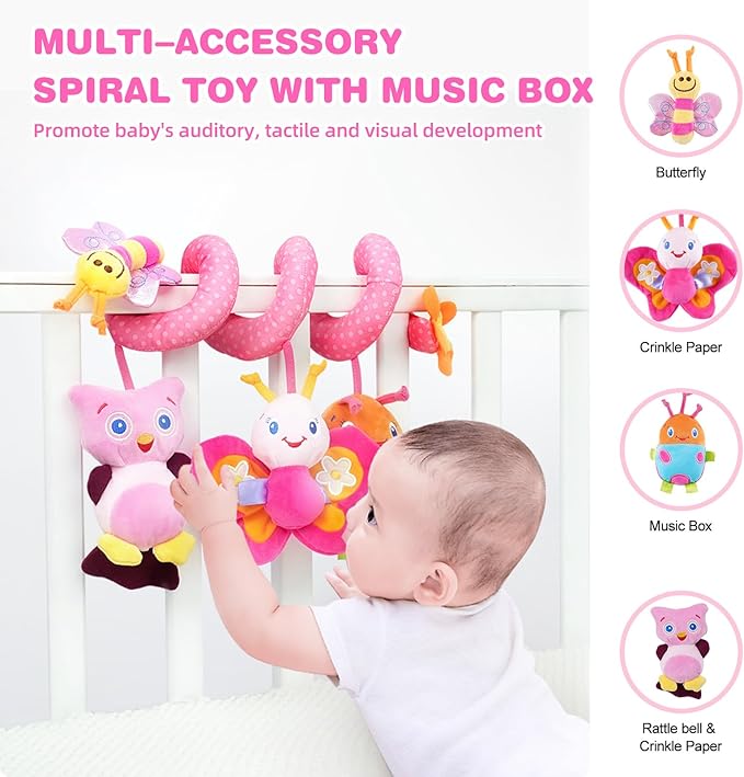Jollybaby Baby Car Seat Stroller Toys, Plush Activity Hanging Spiral Activity Pram Crib with Music Box, Rattles, Squeaker for Babies Infant Boys Girls(Pink)-BubblyBeeBaby