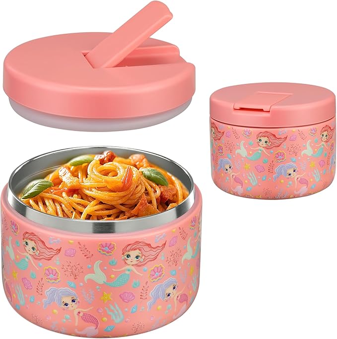 12oz Insulated Vacuum Food Jar with Buckle Lid Wide Mouth Soup Thermo for Hot Food Kids Leakproof Stainless Steel Lunch Container (mermaid)-BubblyBeeBaby