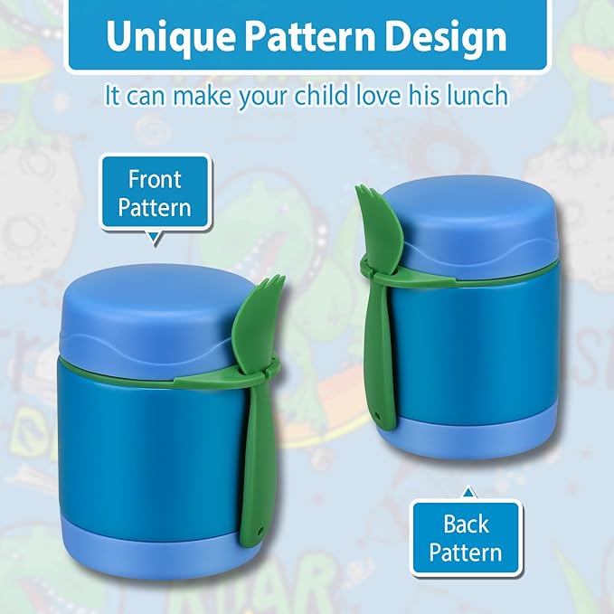 10oz Soup Thermo for Hot Food Kids,Lunch Thermo Kids Food Jar with Spoon Hot Insulated Food Containers,Leak Proof Stainless Steel Wide Mouth Lunch Food Jar for School(Blue)-BubblyBeeBaby