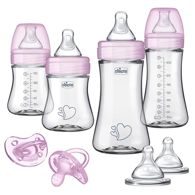 Chicco Duo Newborn Hybrid Baby Bottle Starter Gift Set with Invinci-Glass Inside and Plastic Outside | Dishwasher, Bottle Warmer, and Electric Sterilizer Safe | Intui-Latch Nipple | Clear/Pink-BubblyBeeBaby