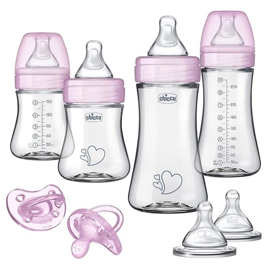 Chicco Duo Newborn Hybrid Baby Bottle Starter Gift Set with Invinci-Glass Inside and Plastic Outside | Dishwasher, Bottle Warmer, and Electric Sterilizer Safe | Intui-Latch Nipple | Clear/Pink-BubblyBeeBaby