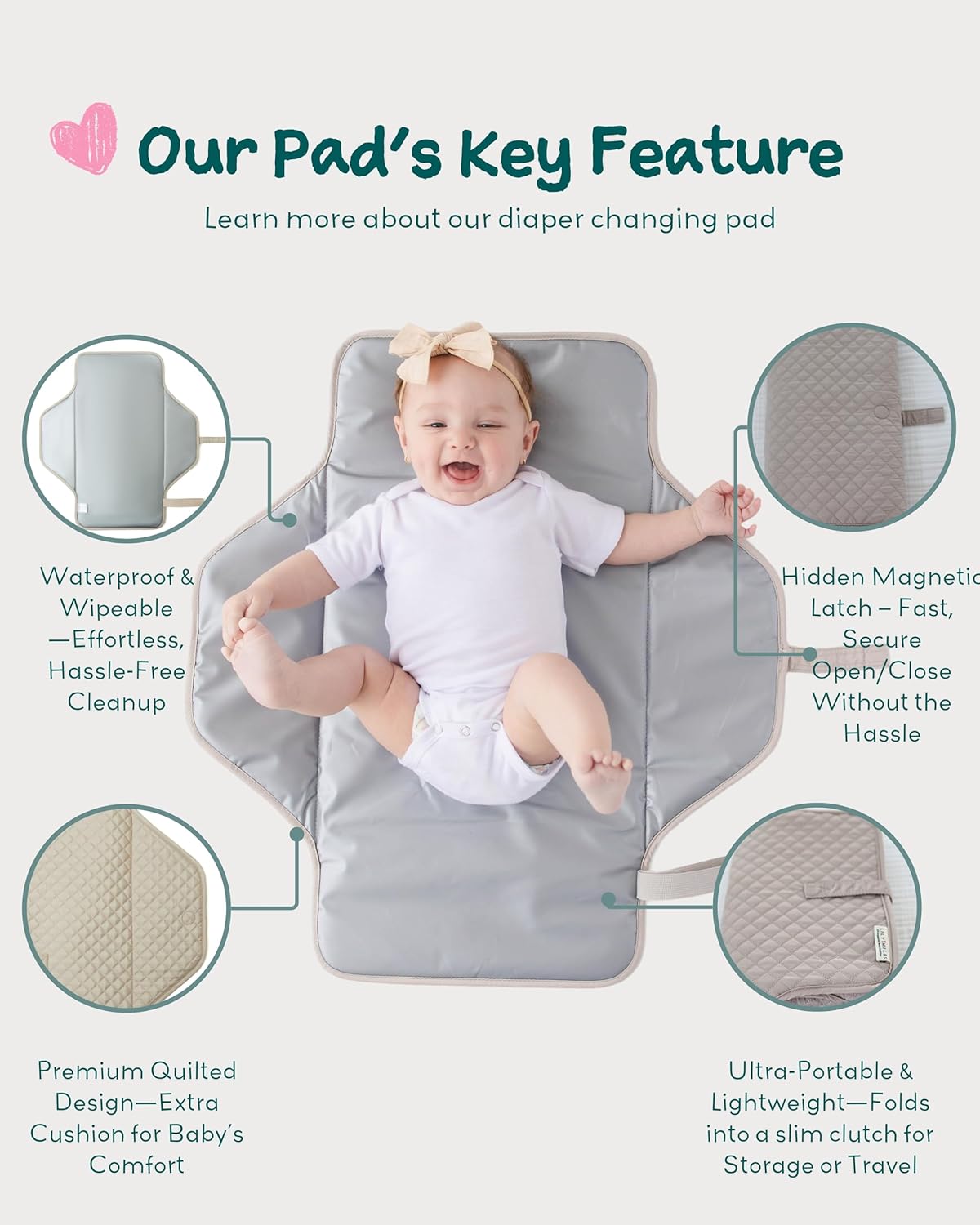 Lily Miles Baby Changing Pad Portable, Diaper Changing Mat with Magnetic Latches, Travel Pad for Diaper Bag, Baby Essentials, Wipeable & Waterproof Mat (Soft Sand, Large)