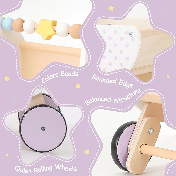 Wooden Baby Walker & Doll Stroller – Adjustable Handle Push Cart, Anti‑Tip, Quiet Wheels, Pretend Shopping Cart – Montessori Wooden Walker for Babies, Doll Stroller for Toddlers 12m+-BubblyBeeBaby