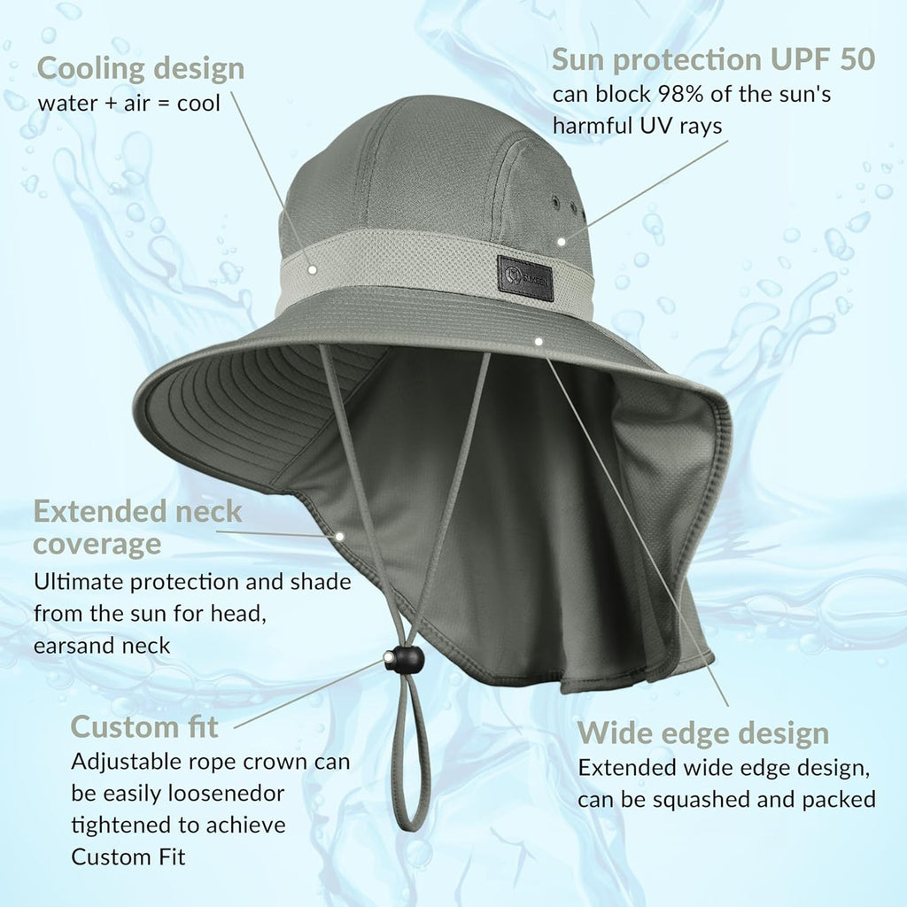 Sukeen Cooling Sun Hat for Men Women UPF50+ Wide Brim Fishing Hat with Neck Flap Adjustable Foldable Bucket Hat for Hiking