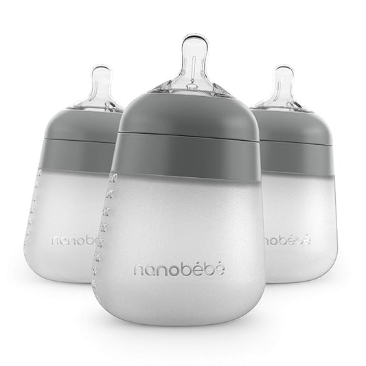 Nanobebe Flexy Silicone Baby Bottle, Anti-Colic, Natural Feel, Non-Collapsing Nipple, Non-Tip Stable Base, Easy to Clean, 3-Pack, Gray, 9oz-BubblyBeeBaby