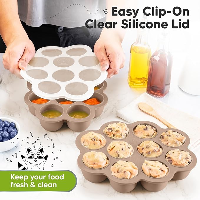 KeaBabies Silicone Food Freezer Trays with Lid, 2oz x 10 Pods Baby Food Storage Containers, Easy Puree Meal Prep, Breast Milk Silicone Freezer Molds, Dishwasher, Microwave Safe,BPA-Free(Chai Latte)-BubblyBeeBaby