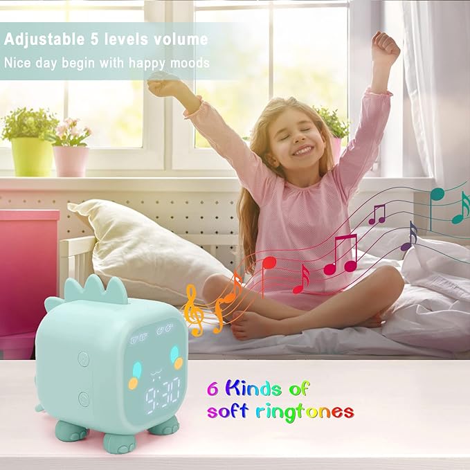 Kids Alarm Clock Girls Green Dinosaur Alarm Clocks with Night Light Bluetooth Digital Alarm Clock for Kids Girls Children-BubblyBeeBaby
