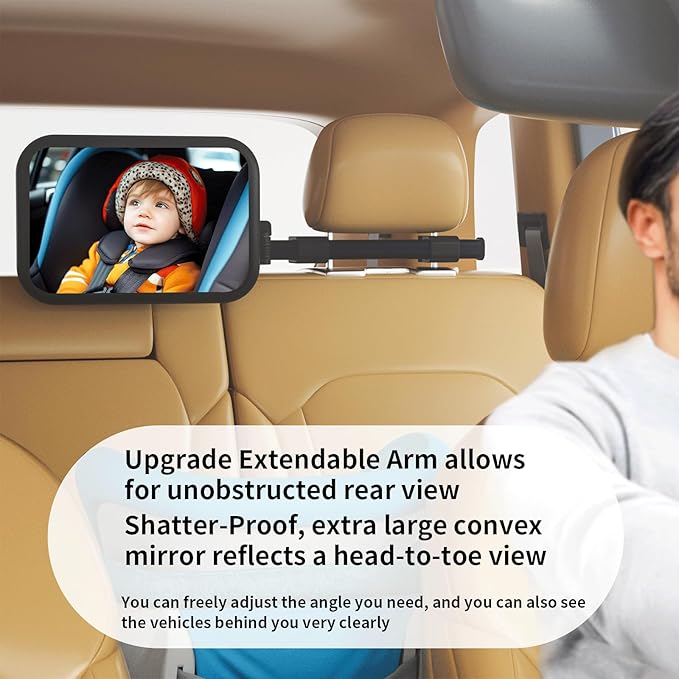Baby Car Mirror Rear Facing, Safety Adjustable Car Seat Mirror for Baby Extendable Camera Monitor with Hook Clip Design Clear View ShatterProof + 2 Baby on Board Stickers,2 Seat Headrest Hook-BubblyBeeBaby