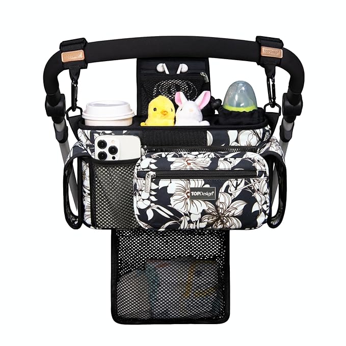 TOPDesign Universal Baby Stroller Organizer, Stroller Caddy with Detachable Mesh Bag & Heightened Insulated Cup Holders & Non-Slip Secure Hooks Accessories, Fits Most Strollers (Morning Glory)-BubblyBeeBaby