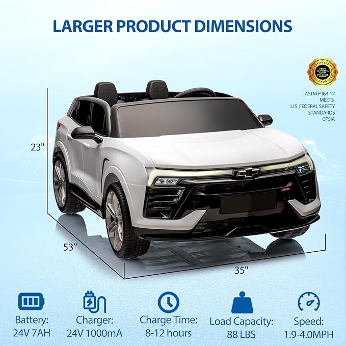 Jojoka Baby Car 24V 2-Seater SUV Licensed Chevrolet Blazer Ride On Toy w/Parent Remote Control,4xSpring Suspension, Wireless Music, Electric Vehicle Car for Kids Ages 3-8,White-BubblyBeeBaby