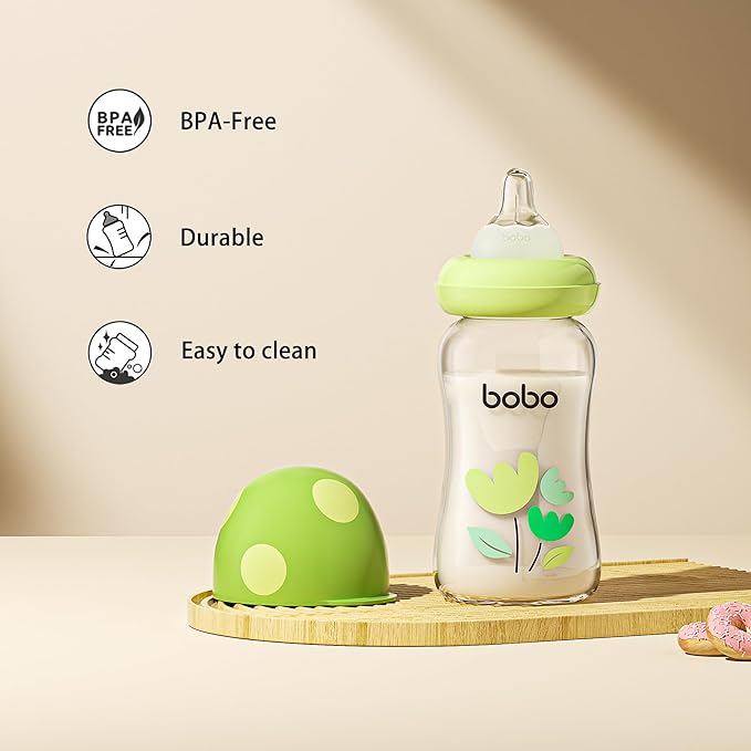 YOHKOH Natural Glass Baby Bottle with Natural Response Nipple, Newborn Anti-Colic Baby Bottles, Wide Neck Mushroom Cap Baby Bottle, Clear (Green, (5.4oz (Pack of 2))-BubblyBeeBaby