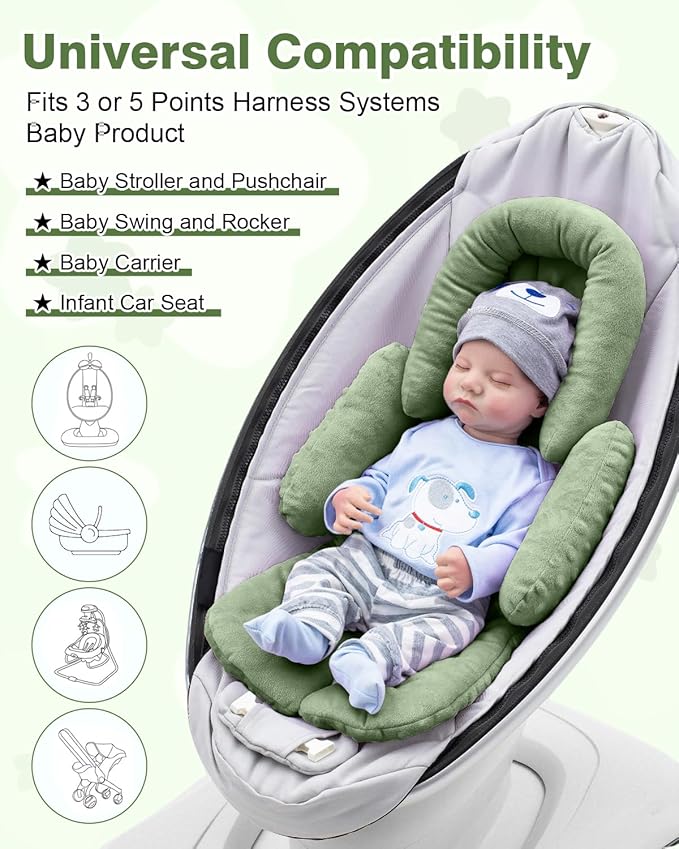 Infant Car Seat Head Support with Extra Shoulder Covers Set, Thickened Carseat Cushion for Baby, Breathable Newborn Carseat Insert for Stroller Swing-BubblyBeeBaby