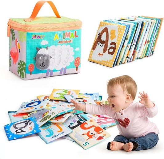Jollybaby Reusable Soft Cloth ABC Alphabet/Letters Animal Flash Cards for Baby 0-3-6-9-12-18 Month, Curious Baby First Words Learning Activity Flashcards, Tummy Time Toy Gift for 1 Year Old Boy Girl-BubblyBeeBaby